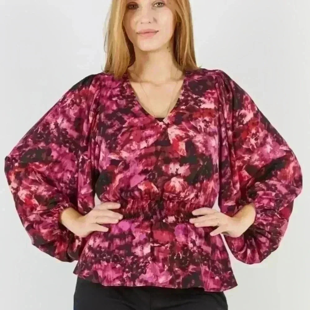 Vince Camuto Womens XSMALL Blouse Pink Smocked Ruffled Balloon 3/4 Sleeve V-neck